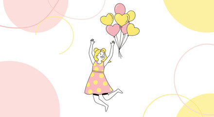 Joyful Young Girl Holding Heart Shaped Balloons Celebrating Happiness and Fun