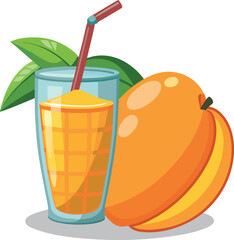 Vector art of fresh mango and mango juice in a glass with a straw, transparent background