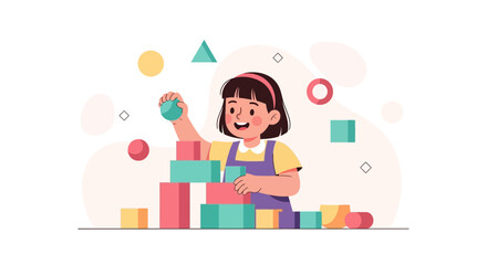 Joyful Young Girl Playing With Colorful Building Blocks and Geometric Shapes