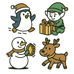 Penguin with hat, elf with gift, snowman with tambourine, reindeer, festive, cheerful