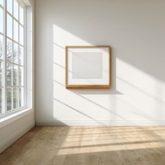 Fototapeta premium Minimal blank frame mockup with natural sunlight and shadows on the wall, perfect for artwork, poster, or photography presentation in modern interior design.