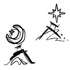 Abstract edgy celestial moons and stars art.