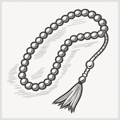 Hand drawn sketch of islamic prayer beads or tasbih with a tassel on a light background