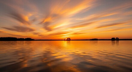 Golden sunset reflecting on a calm lake, silhouetted trees on the horizon.