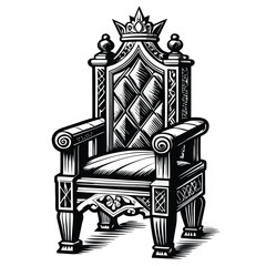 Intricate monarch throne adorned with ornate crown in black and white linework stands regally