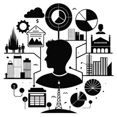 Silhouette head faces charts and cityscapes showing data connections and communication in a circular arrangement