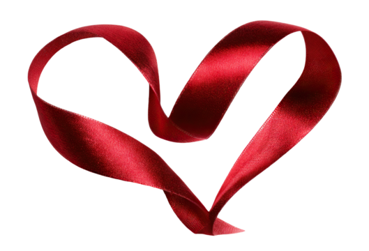 Elegant red ribbon twisted into a romantic heart symbol, isolated on transparent cutout background