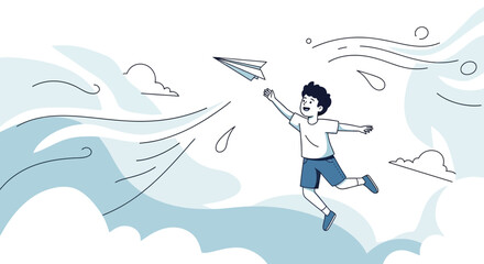 Joyful Youth Embarks on a Journey: Paper Flyer Soars Through the Atmospheric Sky