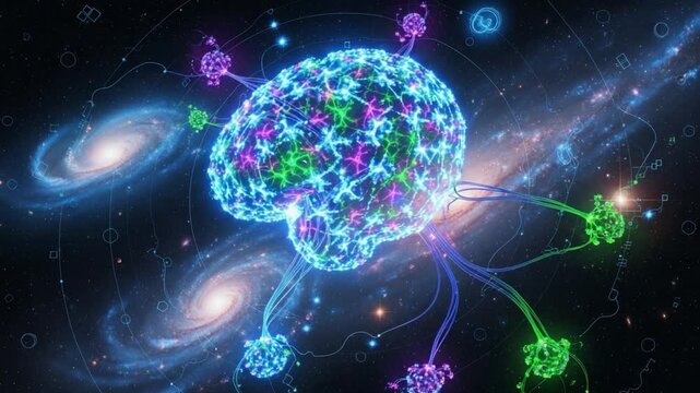 A Cosmic Brain Visualization: Exploring the Intersection of Neural Networks and the Universe in Vibrant Colors and Intricate Connections