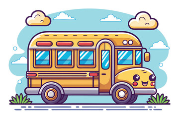 Smiling cartoon yellow school bus navigates a vibrant street beneath fluffy clouds beautifully drawn