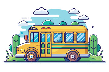 Bright yellow school bus stands outlined in trees with blue sky overhead on white