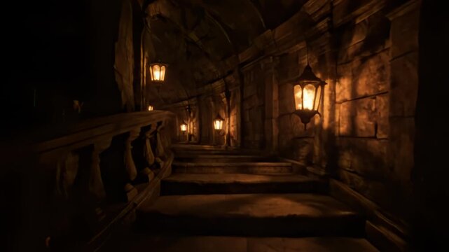 Endless Spiral Staircase with Flickering Lanterns