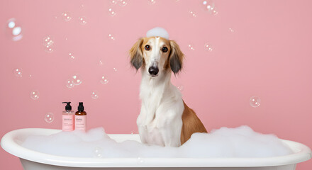 Bubble Crown & Pink Bottles Dog in White Tub  Whimsical Grooming Scene with Sudsy Charm