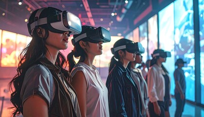 Diverse Group of Engineers Immersed in VR Product Design Visualization in Bright Clean Room with Blue Glowing Display and Modern Tech Equipment