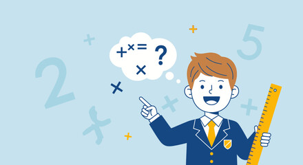 Illustrative Student In School Uniform Pondering Calculation With Ruler and Numbers