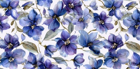 Watercolor floral pattern in shades of blue and violet on a white backdrop, with delicate branches and leaves