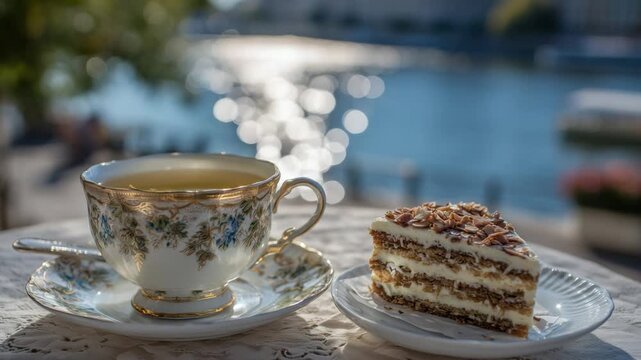 Enjoy a serene afternoon by the river in Budapest with chamomile tea and Dobos cake at an elegant caf&eacute; table.
