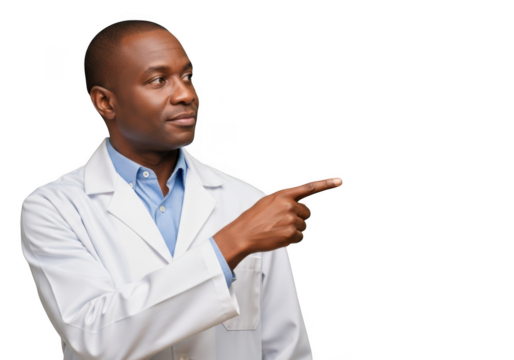 Professional african doctor pointing right png image, medical professional, healthcare expert, isolated on transparent background