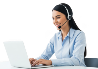 Smiling customer service representative with headset working on laptop computer png image isolated on transparent background