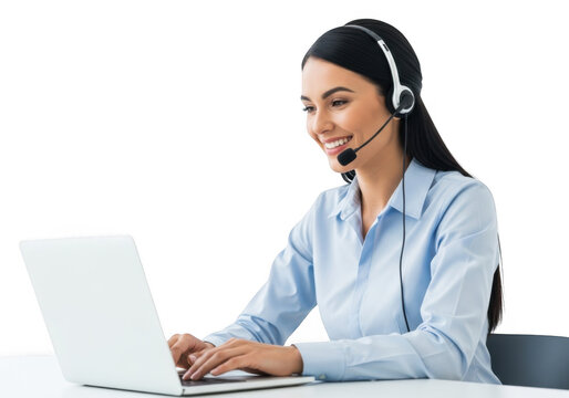 Smiling customer service representative with headset working on laptop computer png image isolated on transparent background