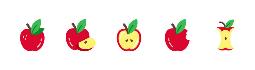 Apple Fruit Icon Set: Whole, Cut, Bitten and Core Apples with Leaves for Healthy Eating and Nutrition Symbols
