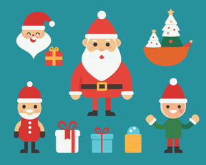 Cute christmas characters and gifts on teal background