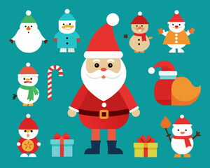 Cute christmas characters and gifts on teal background