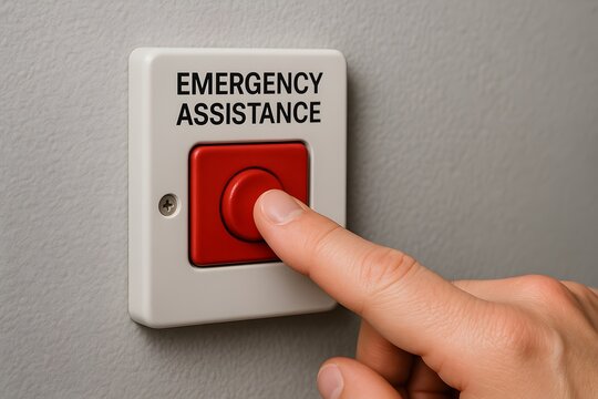 Close-up of a person's hand pressing an emergency assistance button. 