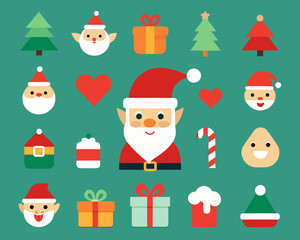 Cute christmas icons and characters on teal background
