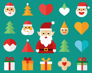 Festive christmas icons with santa claus trees and gifts