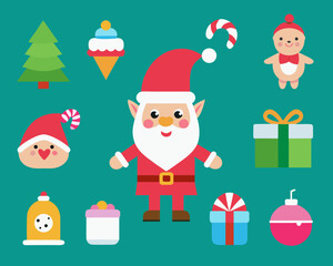 Cute christmas characters and gifts on a teal background