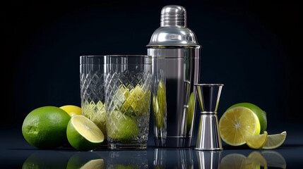 Cocktail Preparation: A tantalizing ensemble of cocktail ingredients and tools awaits, with vibrant limes, elegant glasses, a cocktail shaker, and measuring instruments, all set against a deep.