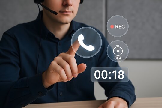 Man interacting with a phone call icon on a screen, a symbol of support.