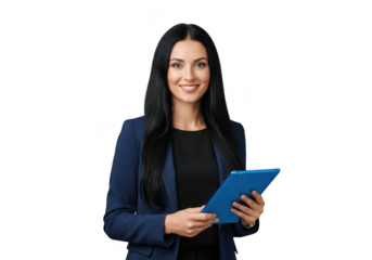 Professional businesswoman holding tablet computer wearing blue blazer stock photo image isolated on transparent background