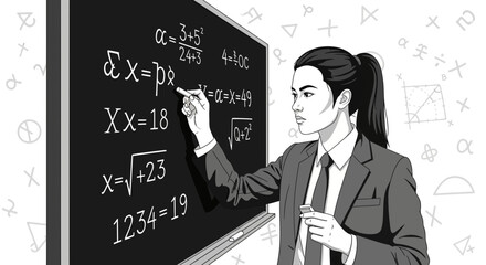 Intelligent Teacher Demonstrating Equations on a Chalkboard with Mathematical Symbols