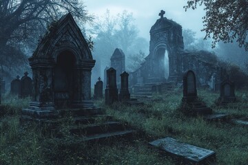 Eerie graveyard shrouded in mist with old tombstones and gothic architecture