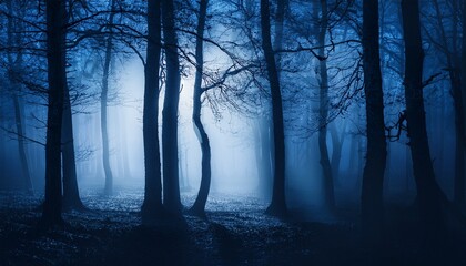 Fototapeta premium Eerie Misty Forest At Night With Volumetric Lighting Generative Ai