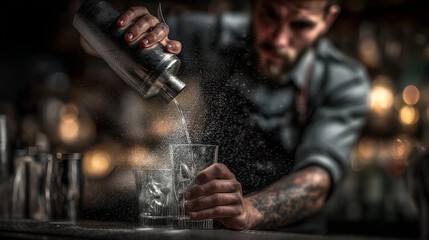 Crafting Cocktails: A bartender skillfully pouring a refreshing cocktail in a dimly lit bar, a master class in mixology.
