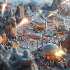 3D render iconA clay scene depicting a bustling marketplace in a dwarven city with merchants selling various goods 3d high quarity