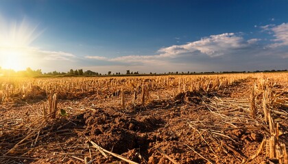 Dry Harvested Field Stubble And Dry Earth Under Sunlight