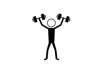 A black stick figure holds dumbbells above its head