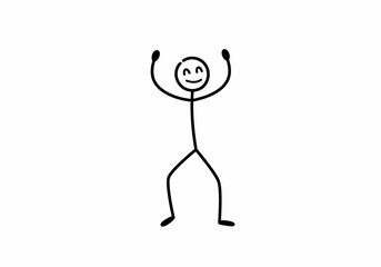 A black stick figure with a smiling face and arms raised is centered on a white background