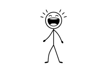 A simplistic stick figure with a round head large open mouth and radiating lines expresses joy