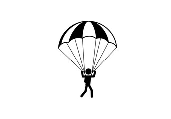 A skydiver descends with a striped parachute