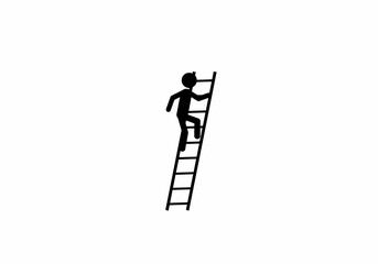 A stick figure climbs a black ladder with seven rungs against a stark white background © dhorido studio