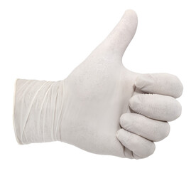 Hand in white medical rubber gloves on a white background. Thumbs up. Latex gloves isolate