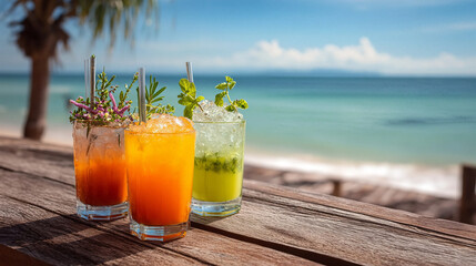 Obraz premium Tropical Cocktails on a Sunny Beach: Three vibrant tropical cocktails sit on a weathered wooden table with a serene view of a beautiful sandy beach and the sparkling sea in the background.