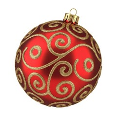 Shiny red christmas ornament with gold swirls isolated on white background