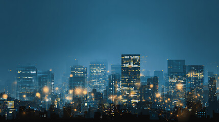 Naklejka premium Twilight in the Smart digital Innovation city with connection network reciprocity over the cityscape. of future smart wireless digital city and social media networking systems that connects people