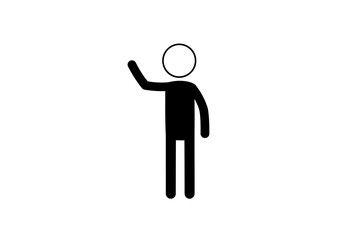 Black stick figure with a round outline for a head one arm raised in a wave on a white background
